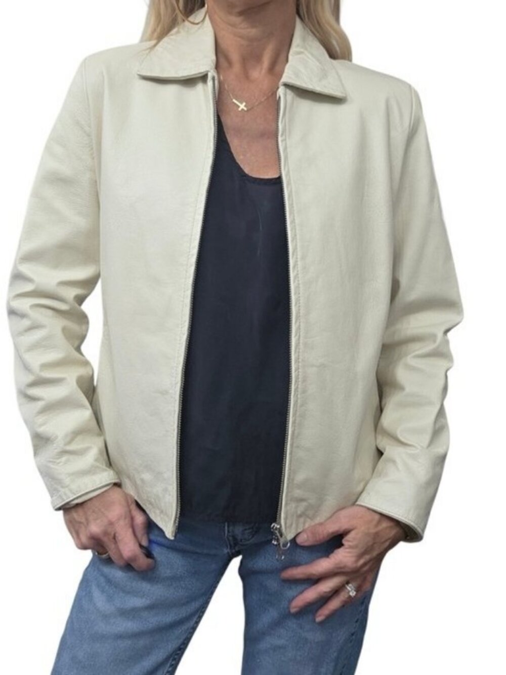 Massimo Leather Firenze Italian Cream Leather Zip Jacket 44 Made Italy